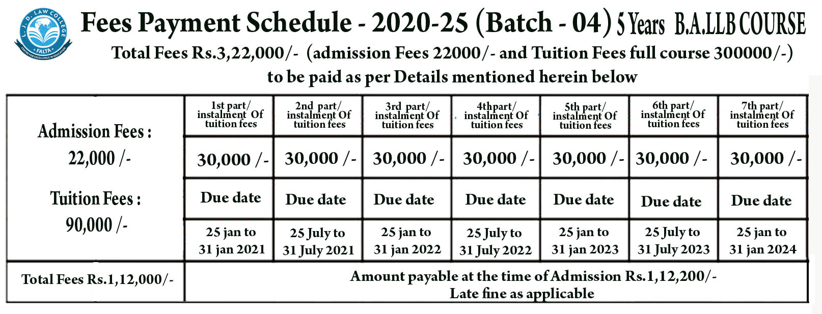 FEES PAYMENT SCHEDULE L.J.D LAW COLLEGE FALTA